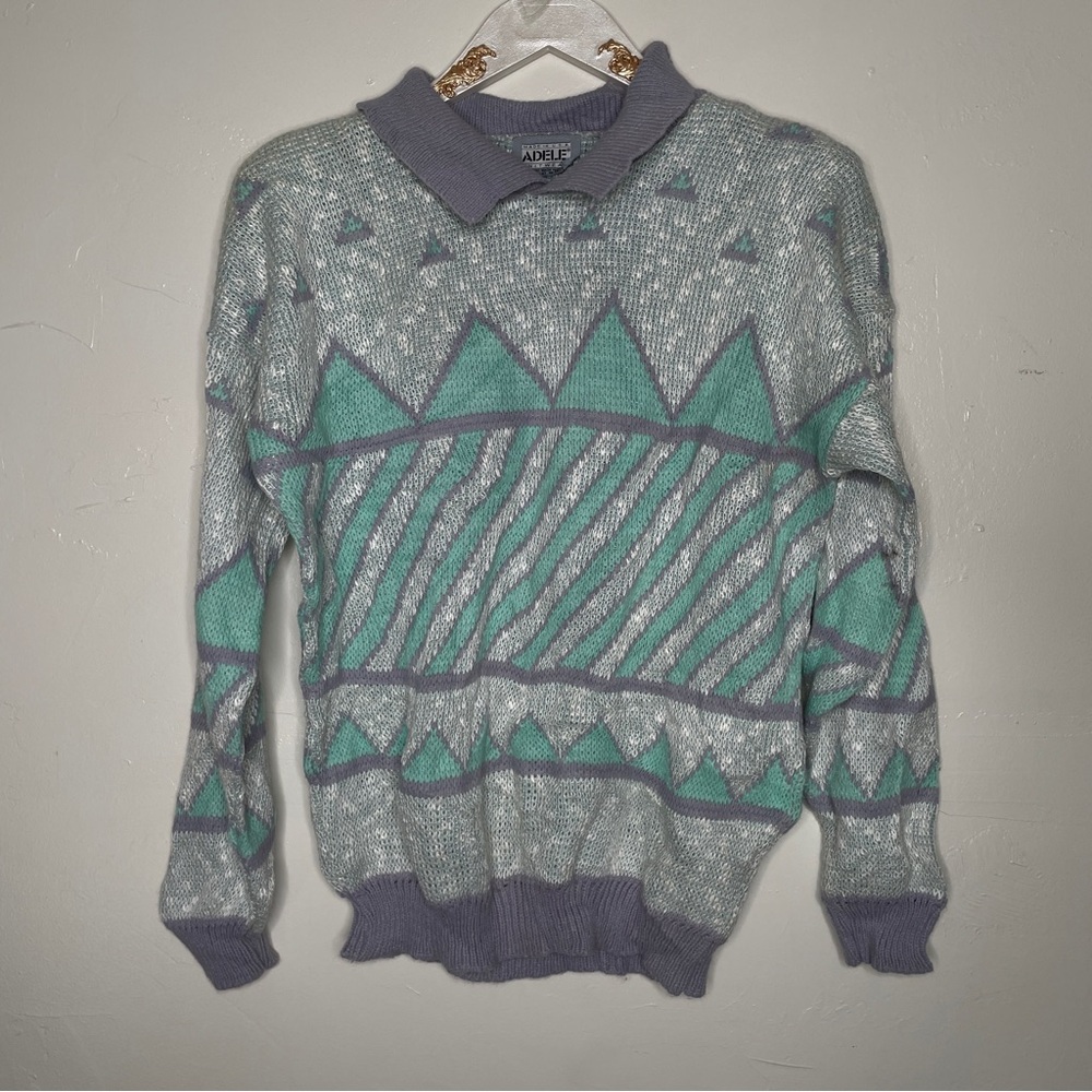 1980s Adele Geometric Pattern Collared Knit Sweat… - image 1